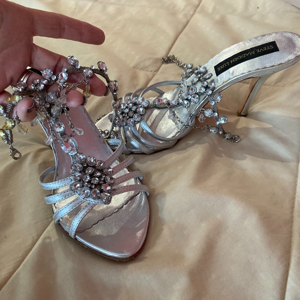 Silver Jeweled Strappy Heeled Sandals